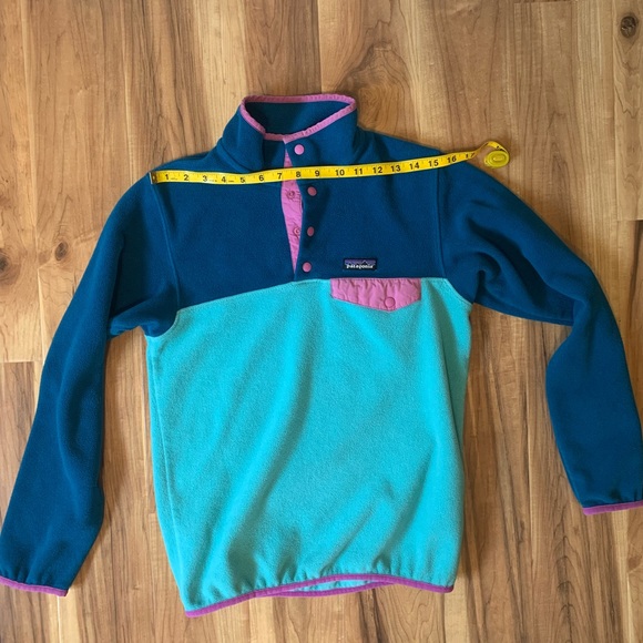Patagonia Fleece Synchilla Sweater Aqua Turquoise Blue and Pink Colorblock - Picture 9 of 11